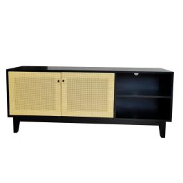 DKD Home Decor Mueble TV Balines Abeto Ratán Negro Natural con 2 Puertas y 3 Estanterías 160x38x65 cm