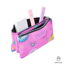 Totto AC52ECO012-2310Z-9I9 Estuche Escolar Tres Compartimentos Gatos Astronautas Rosa Pastel