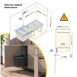 Emuca Contenedor de reciclaje para fijación inferior y extracción manual en mueble de cocina 2x15litros, Plástico gris antracita