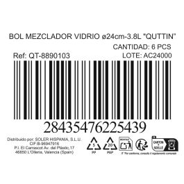 Bol Mezclador de Vidrio Quttin 24 cm 3.8L (6 Unidades) Bol Mezclador de Vidrio Quttin 24 cm 3.8L (6 Unidades)