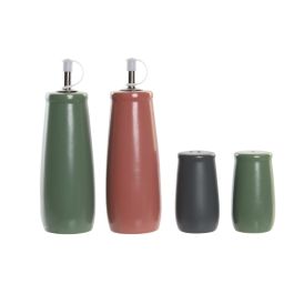 DKD Home Decor Aceitera Vinagrera Scandi Set 4 Piezas Gres y Madera Verde Rosa Blanco Natural Apto Lavavajillas 16x22.5x19cm