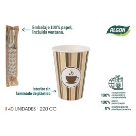 Algon Set de 40 Vasos de Cartón para Café, 220 cc, Diámetro 7 cm, Altura 9.5 cm (16 Unidades)
