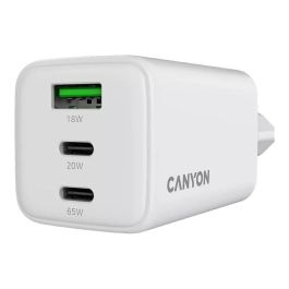 Canyon CU65ACC Cargador GaN 65W, 2 Puertos USB-C PD y 1 USB-A, Carga Rápida para Portátil/Smartphone, Enchufe UE, Blanco