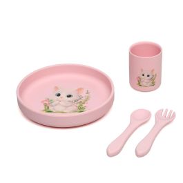 KioKids Set Vajilla Rosa de Silicona con Ventosa para Bebé, 4 Piezas, Plato Tenedor Cuchara y Vaso, Colección Lovely Friends, Edad +6 Meses
