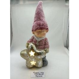 DKD Home Decor Figura Navidad Tradicional de Niños Magnesia LED Rojo Blanco Dorado 18.5x55x25.5 cm (2 Unidades) con 3 Pilas AAA
