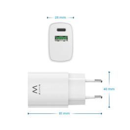 Ewent EW1321_R1 Cargador Universal 20W Carga Rápida USB-C PD PPS QC3.0 USB-A GaN Blanco para iPhone y Android