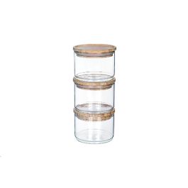 DKD Home Decor Bote Vidrio Borosilicato Bambú Transparente Natural Set 3 Piezas 470ml 10x7.5x10cm