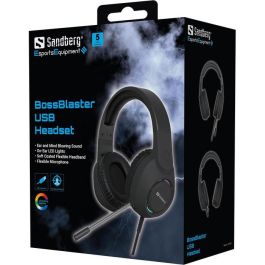 Sandberg BossBlaster Auriculares Gaming USB con Micrófono de Alta Sensibilidad, Sonido Estéreo Espectacular y Luces LED Integradas, Diadema Ajustable Cómoda