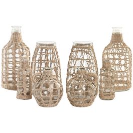 DKD Home Decor Jarron Cottage de Cristal y Mimbre Transparente Marrón 15x33x15 cm (6 Unidades)