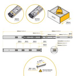 Emuca Lote de 5 juegos de guías para cajones, de bolas, altura 45mm, profundidad 650mm, extracción total, cierre suave, Cincado
