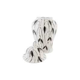 DKD Home Decor Tibor Oriental de Porcelana Blanco y Negro con diseño de Hojas 22x42x22 cm
