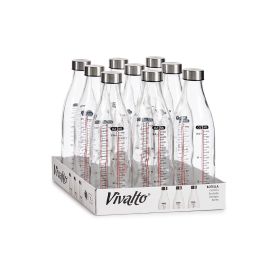 VIVALTO Botella Medidora de Cristal y Acero Inoxidable con Tapa, Capacidad 1L, Transparente, 8x8x0.3 cm (Set de 18)