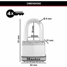 Master Lock M115EURTRILF Candado de Alta Seguridad, Acero Laminado Revestido, Antióxido, Exterior, Arco M, Con Llave, Pack de 3