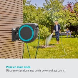 Gardena Enrollador de manguera automático de pared RollUp L 30 m 13mm con rebobinado, antigiro y kit completo giratorio 180° borde blanco