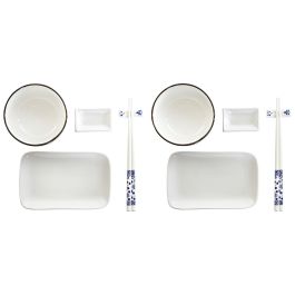 DKD Home Decor Juego de Vajilla Sushi Oriental de 10 Piezas en Porcelana y Bambú Blanco y Azul Marino, 34.5x9x33.5 cm
