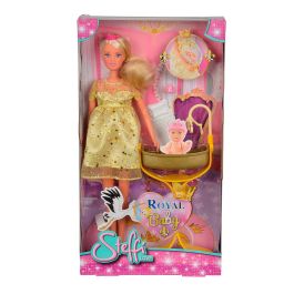 Steffi Love 5737084 Muñeca Royal Baby Embarazada con Vestido Dorado, Tiara y Cuna Dorada