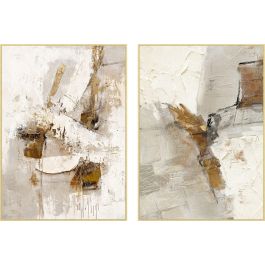DKD Home Decor Cuadro Decorativo Abstracto Moderno de Lienzo y PS con Diseño Blanco y Dorado, 143x103 cm - Pack de 2 Unidades