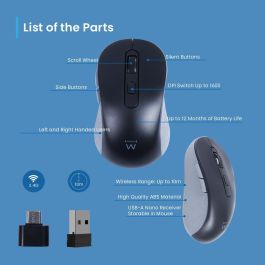 Ewent Ew3204 Ratón Inalámbrico RF 2.4 GHz Óptico 1600 DPI con 6 Botones, Clic Silencioso, Ergonómico Diestro para Oficina, Negro
