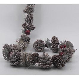 DKD Home Decor Guirnalda Decorativa de Navidad Estilo Alpino Blanco Rojo con Piñas 150 cm de Largo (Set de 2 Unidades)