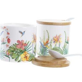 DKD Home Decor Azucarero Tropical de Dolomite y Bambú Multicolor 7.5 cm (4 Unidades) Apto Microondas y Lavavajillas