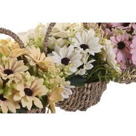 DKD Home Decor Planta Artificial Cottage Cesta Crisantemos Poliéster Fibra Amarillo Rosa Blanco Marrón 18 x 19 x 22 cm (3 Unidades)