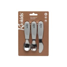 KioKids Set Cubiertos Infantiles Acero Inoxidable y Silicona, Mangos Antideslizantes, Bordes Redondeados, Lavavajillas, Gris, +6 meses, 14 cm