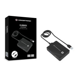 Conceptronic Hubbies10B Concentrador USB 3.0 / 2.0 de 4 Puertos Alta Velocidad 5 Gb/s con Cable de 90cm Plug and Play Negro