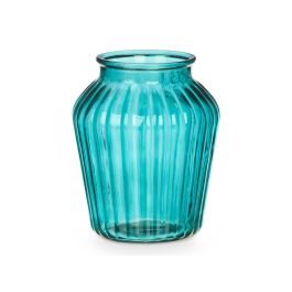 Giftdecor Jarrón de Cristal Boca Ancha Rayado Turquesa 20x25x20 cm (6 Unidades)