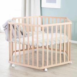 Roba AAAIG72186 Parque Infantil Hexagonal Liebhabear Altura Regulable, Base Extraíble, 6 Ruedas con Freno, Madera Natural, Diseño Osito