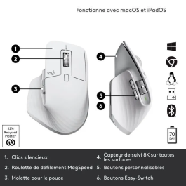 Logitech Ratón Inalámbrico MX Master 3S Gris Pálido, Precisión 8000 PPP, Bluetooth/USB, Ergonómico, Silencioso, 70 Días Batería