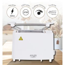 Adler ad 3223 Tostadora 2 ranuras, 900W, Blanca, 6 niveles de potencia, incluye rejilla y bandeja recogemigas, apagado automático