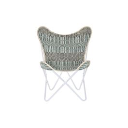DKD Home Decor Sillon Boho Onari Algodón Hierro Azul Blanco Verde Menta, detalle Mariposa, Altura Asiento 40 cm, 65x74x90 cm, Desmontable