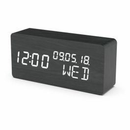 Evoom Despertador Multifunción 4 en 1 Reloj Termómetro Calendario Madera Negro Activación Sonido Táctil Pantalla Invisible Brillo Ajustable