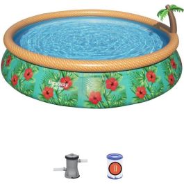 Bestway Piscina Fast Set 457x84 cm con filtro 58383 y cartucho 58094, 9.677L, fuente palma y decoración floral
