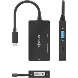 Aisens A109-0954 Conversor USB-C Macho a DVI/HDMI/VGA Hembra 3 en 1, soporta 4K 60Hz HDMI y 1080p DVI/HDMI/VGA simultáneo, 15cm Negro