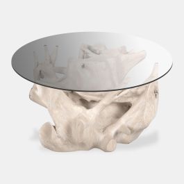 DKD Home Decor Mesa Centro Balines Indonesia 1c24 Blanco 90 x 90 x 47 cm con Cristal Raíz de Teca