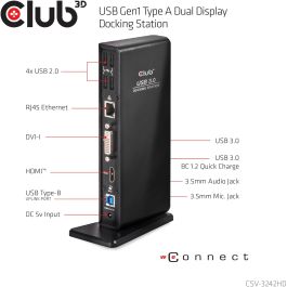Club3D Docking Station USB 3.2 Gen 1 Dual Display HDMI DVI 4x USB 2.0 2x USB 3.2 Gen 1 Gigabit Ethernet Negro