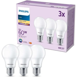 Philips Bombilla LED PHI8719514452404 60W E27 Blanco Cálido Mate No Regulable Pack 3 Unidades