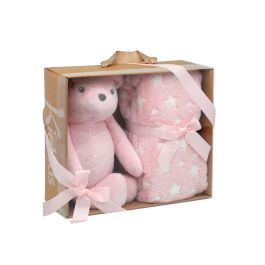 KioKids Oso De Peluche Rosa Con Mantita De Estrellas Para Bebé, 25 cm