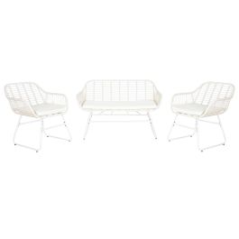 DKD Home Decor Sofá de Terraza y Jardín de Ratán Sintético y Hierro Galvanizado, Blanco, 74x84x124 cm, Set de 4 con Cojines