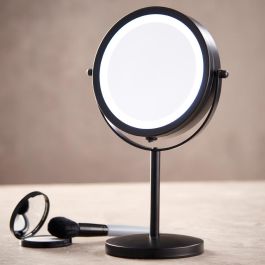 Day Espejo LED Doble Cara 5 Aumentos Iluminado 17 Bombillas Rotación 360º Negro Mate Altura 33 cm Diámetro 17.5 cm