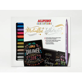 Alpino AR010701 Set Metallic Lettering con 12 Rotuladores Metálicos Doble Punta, Papel Negro y Guía