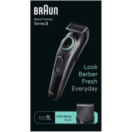 Braun BeardTrimmer Series 3 BT3411 - Recortadora de Barba Recargable con 50 min Autonomía, 40 Ajustes, Incluye 2 Peines y Cepillo, Negro/Verde