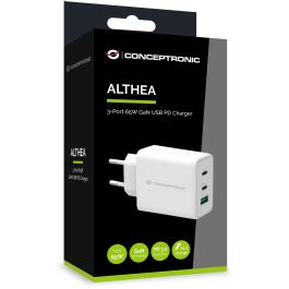 Conceptronic ALTHEA12W Cargador USB-C PD 3.0 65W con Tecnología GaN para MacBook, iPad, iPhone, Samsung Galaxy y más, Color Blanco