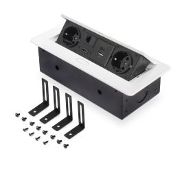 Emuca Multiconector Atom 26, 225x111mm, 2 enchufes tipo Schuko, 1 USB tipo A, 1USB tipo C, 1 RJ45, 1 HDMI, Zamak-Acero-Plástico, Blanco