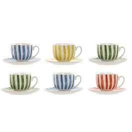 DKD Home Decor Taza Mediterraneo Set de 6 Unidades Coral, Amarillo, Verde, Azul 8.7 x 6.8 x 11 cm Porcelana