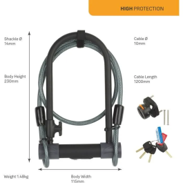 Yale Cerradura de Seguridad U Secure Silver + Cable para Bicicleta ATV 230 x 115 x 13 mm