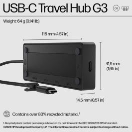 HP USB-C Travel Hub G3 Conector de Notebook con 5 Puertos, Carga y Conectividad Plug and Play