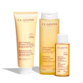 Clarins [V4329A] Estuche Esenciales Limpieza Piel Normal Seca: Espuma 125ml, Loción 200ml, Aceite 50ml, Neceser 4 pz