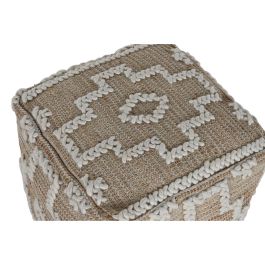 DKD Home Decor Reposapiés Boho Hecho a Mano de Yute, Lana, Algodón y Madera de Mango Natural y Blanco 45x45x45 cm